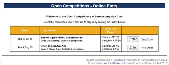 Example open competition booking at Shresbury Golf Club